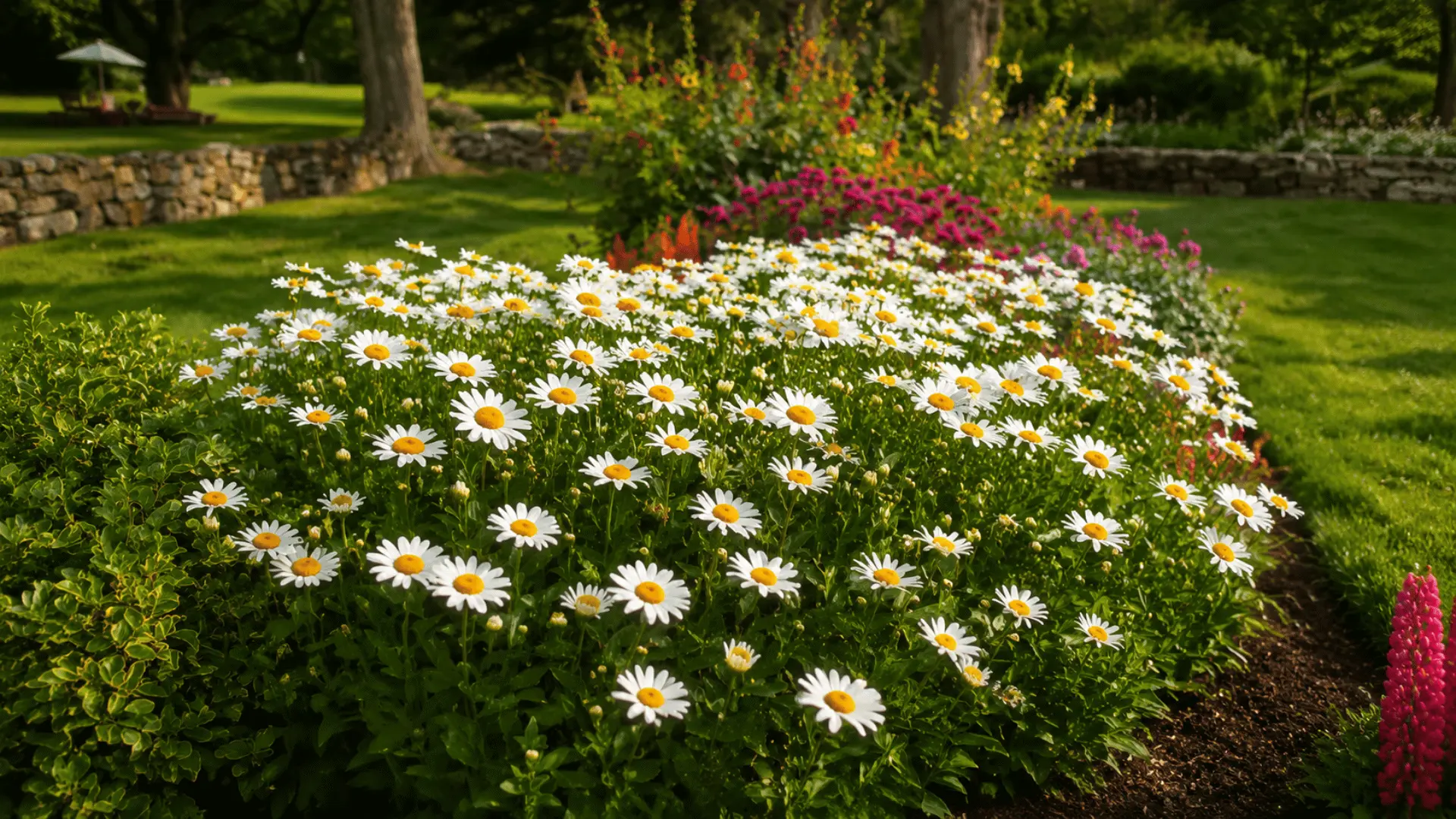 White daisy flowers blooming in a garden bed with green foliage and colorful plants in the background.