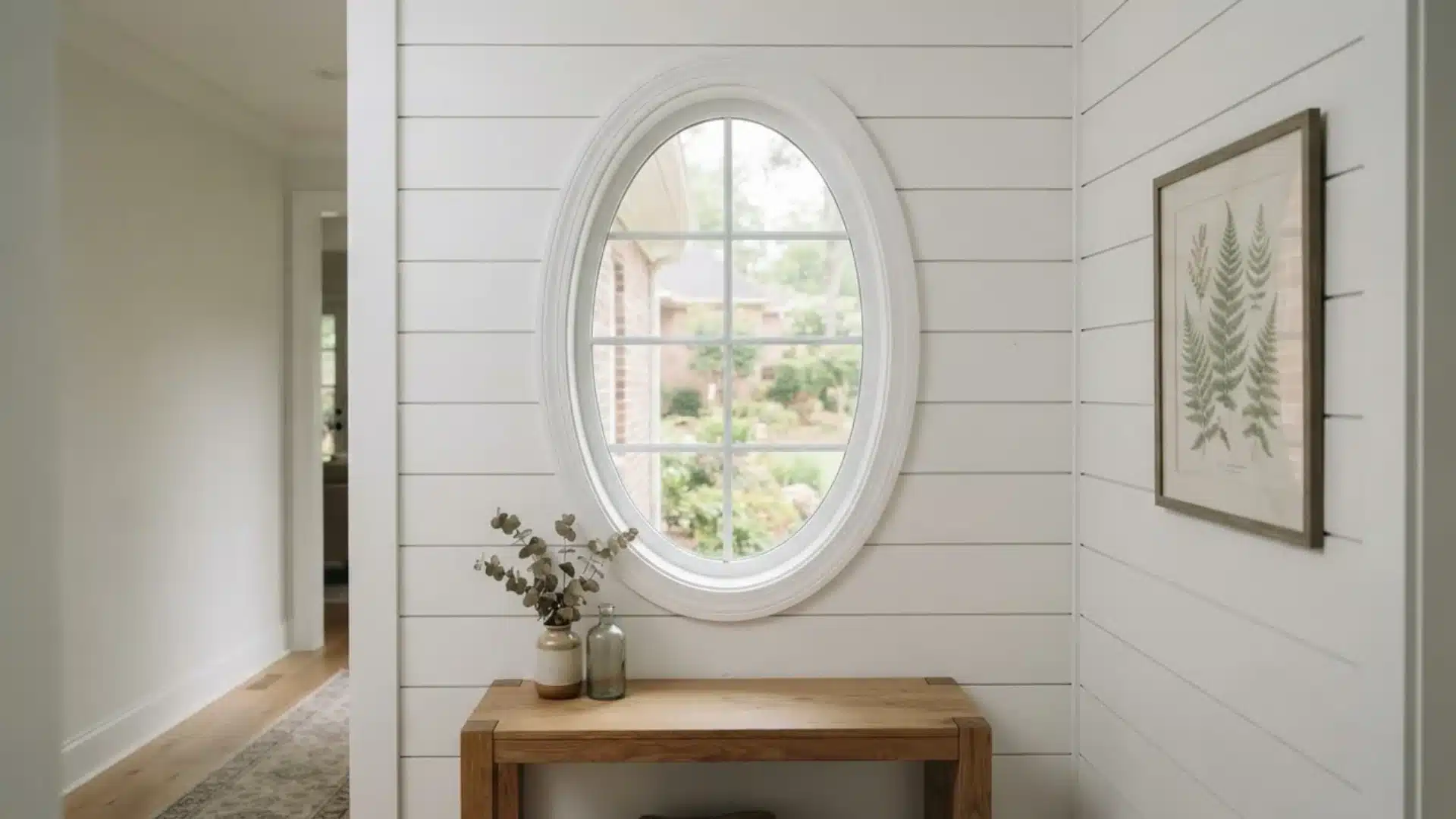 white framed oval window on shiplap wall in farmhouse kitchen