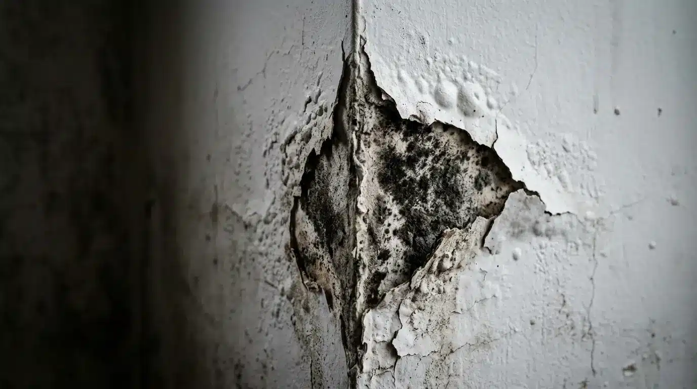 Peeling paint reveals black mold growing underneath a wall corner.