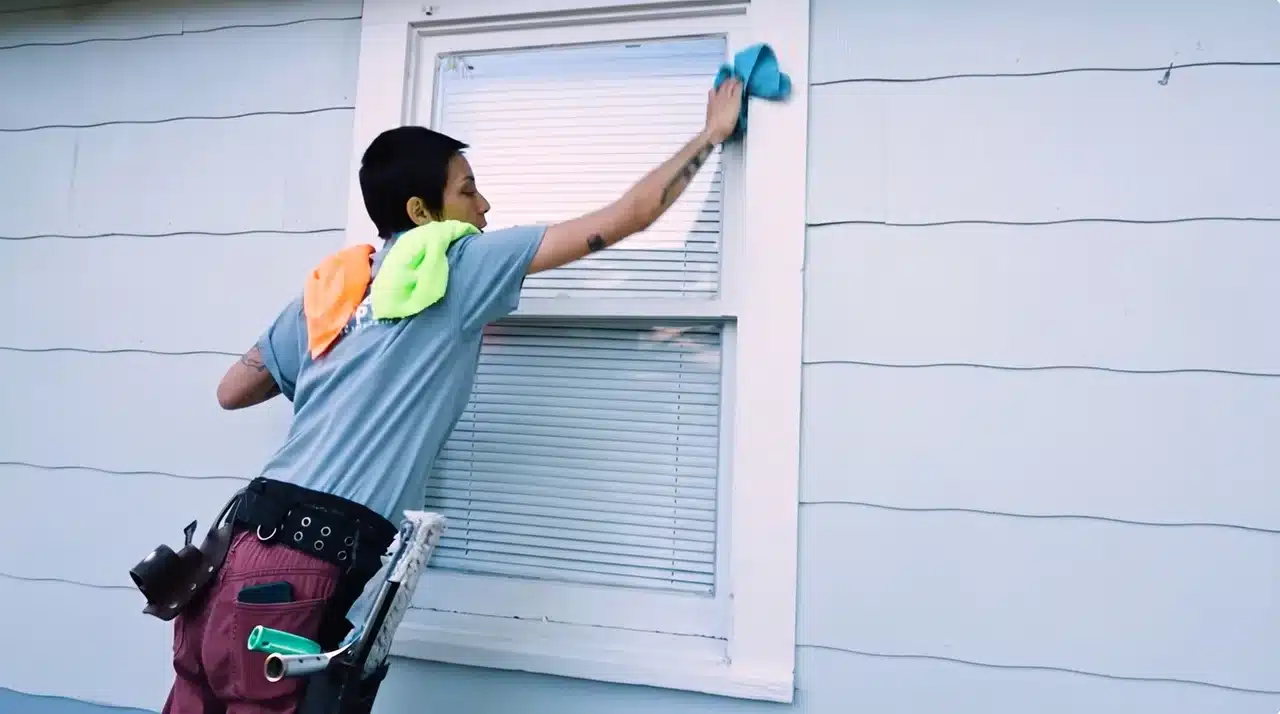 Window cleaner wiping dirt and moisture from the white exterior window frame.