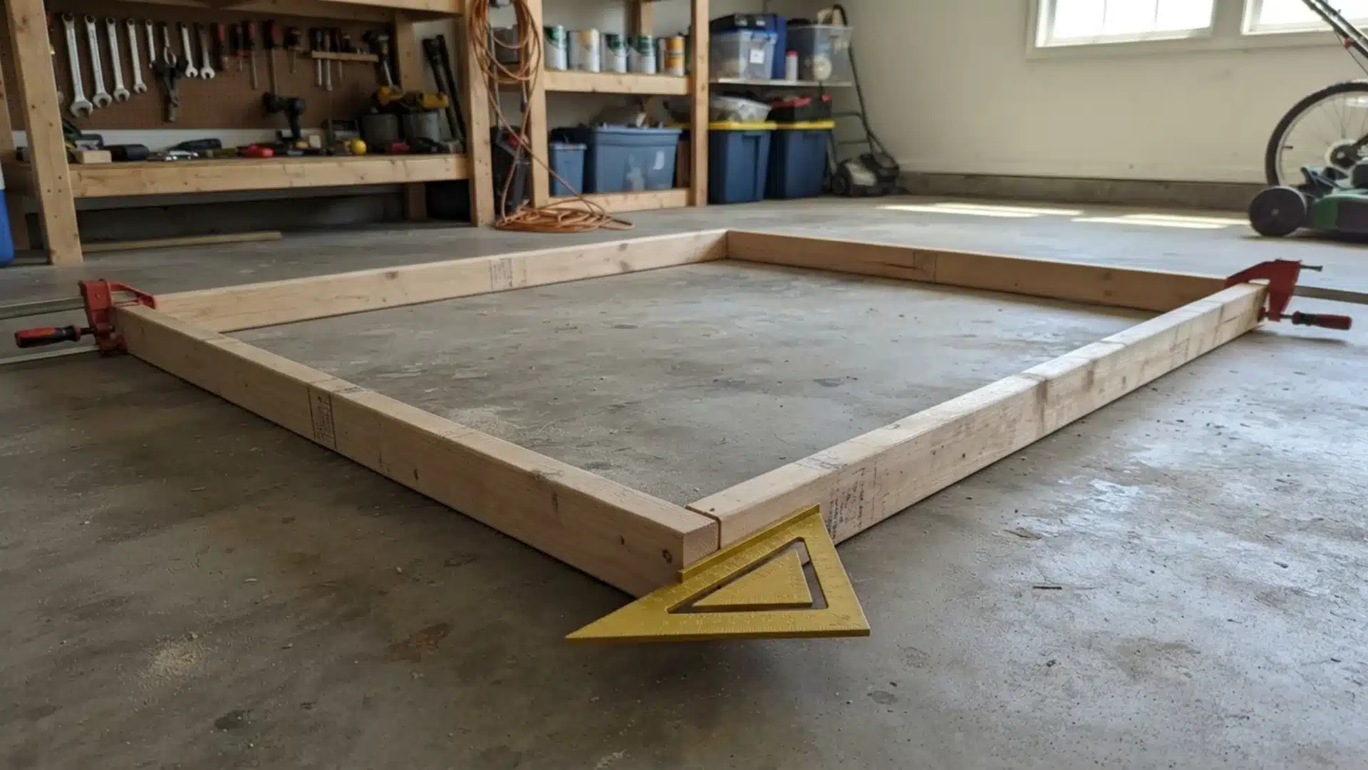 Rectangular wooden base frame clamped together on concrete floor with a yellow speed square.