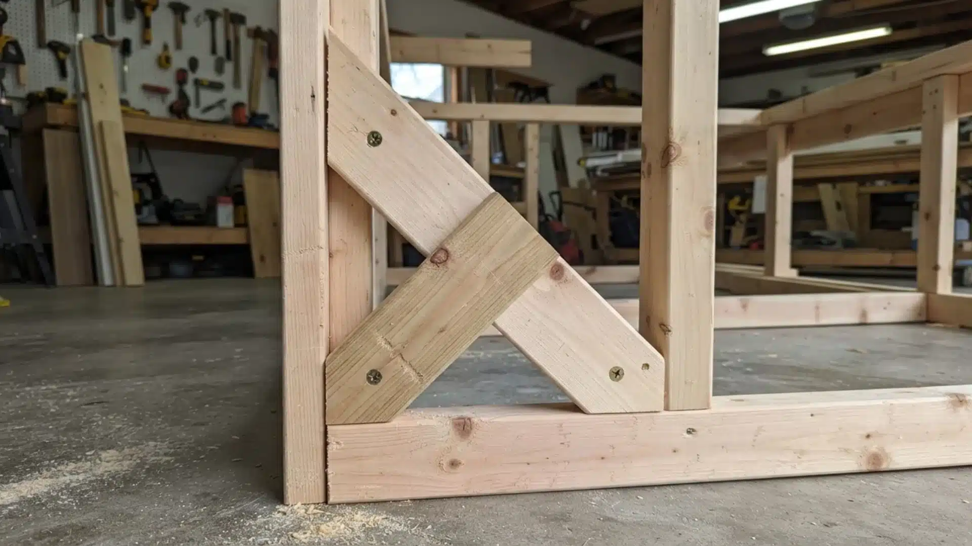 Diagonal wood brace screwed into the corner junction of a wooden workbench frame.