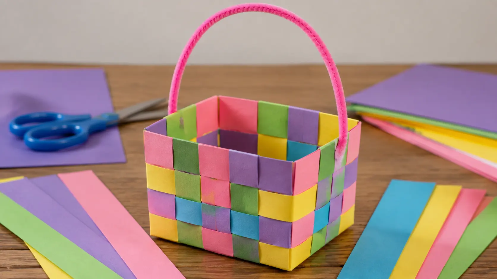 Woven paper basket made with cardstock strips