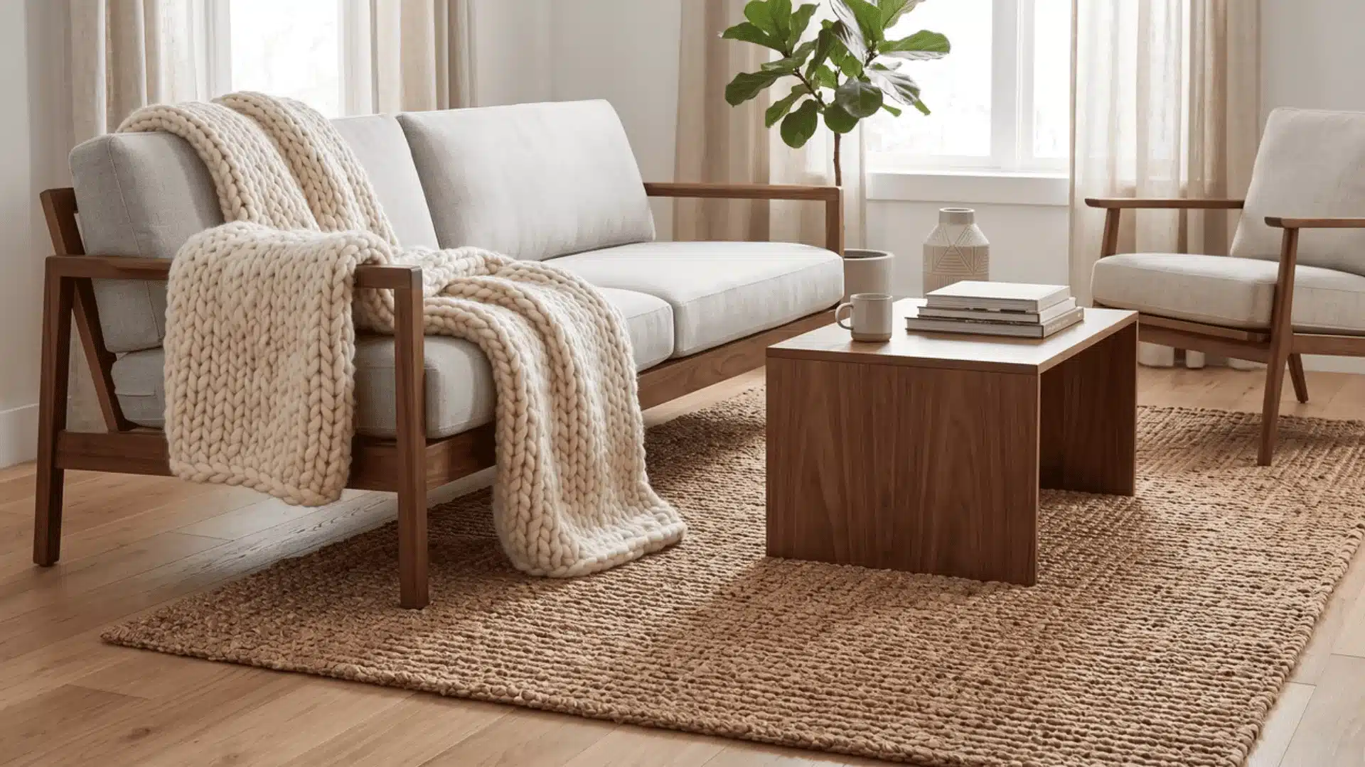 Woven rug beneath wood-framed furniture with a chunky knit throw draped over a linen sofa