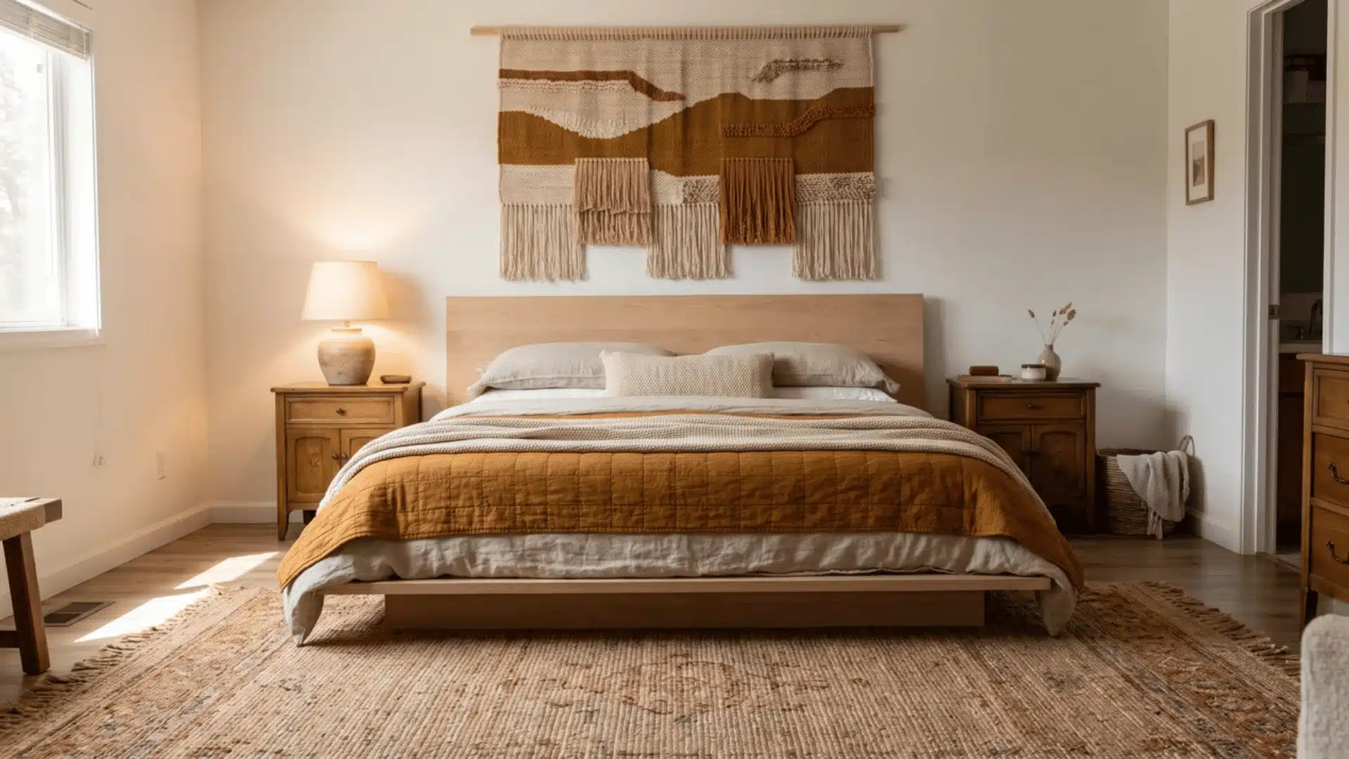 Woven wall hanging above a layered bed with matching colors in the bedding and rug