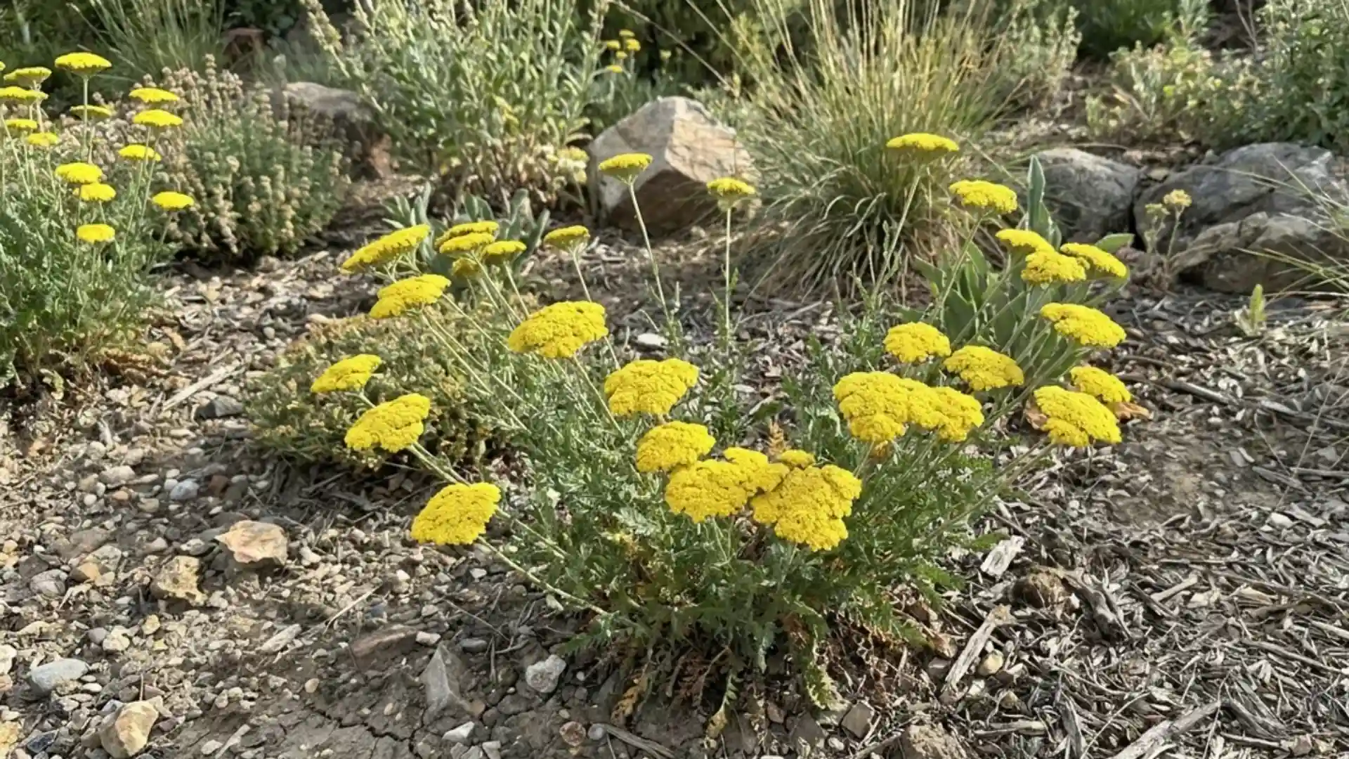 Flat topped yellow yarrow flower clusters growing in dry rocky garden soil outdoors