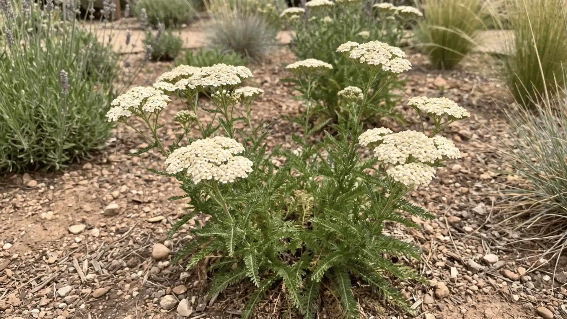 Yarrow flower clusters above divided green leaves