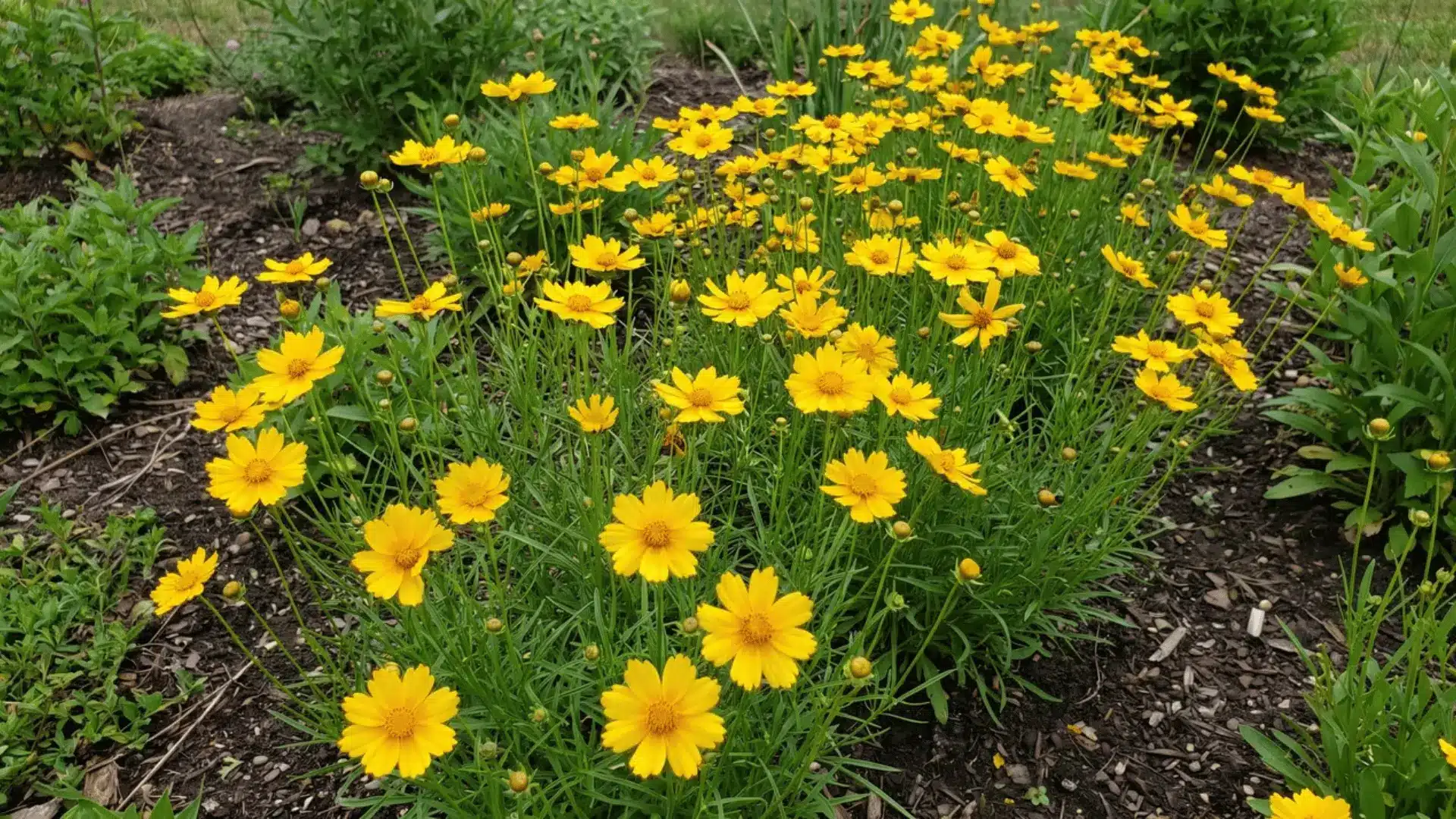 Yellow and gold Coreopsis flowers blooming above fine green foliage in a sunny garden bed
