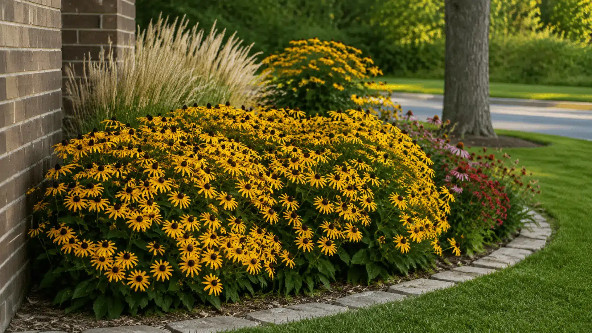 Yellow black-eyed Susan flowers growing in a garden bed beside a brick wall with green foliage.