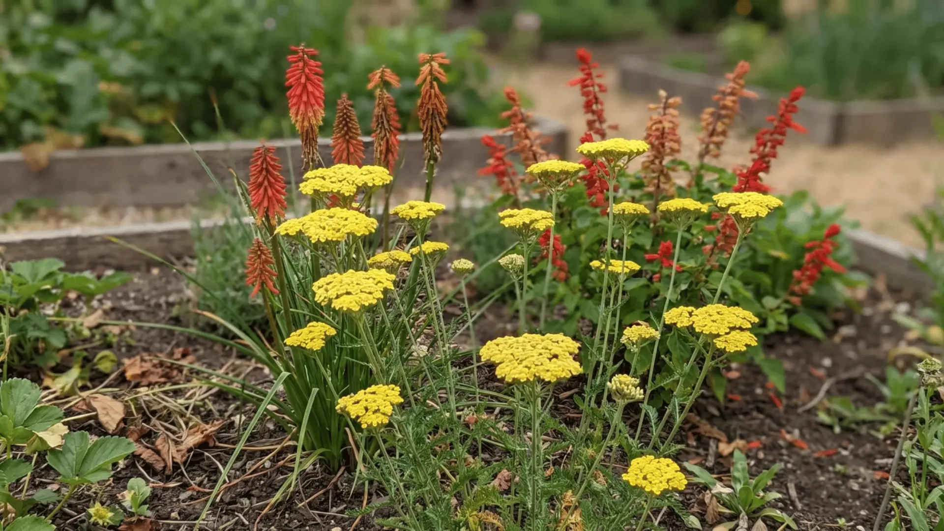 Yellow yarrow flowers growing beside red and orange flower spikes in a raised garden bed