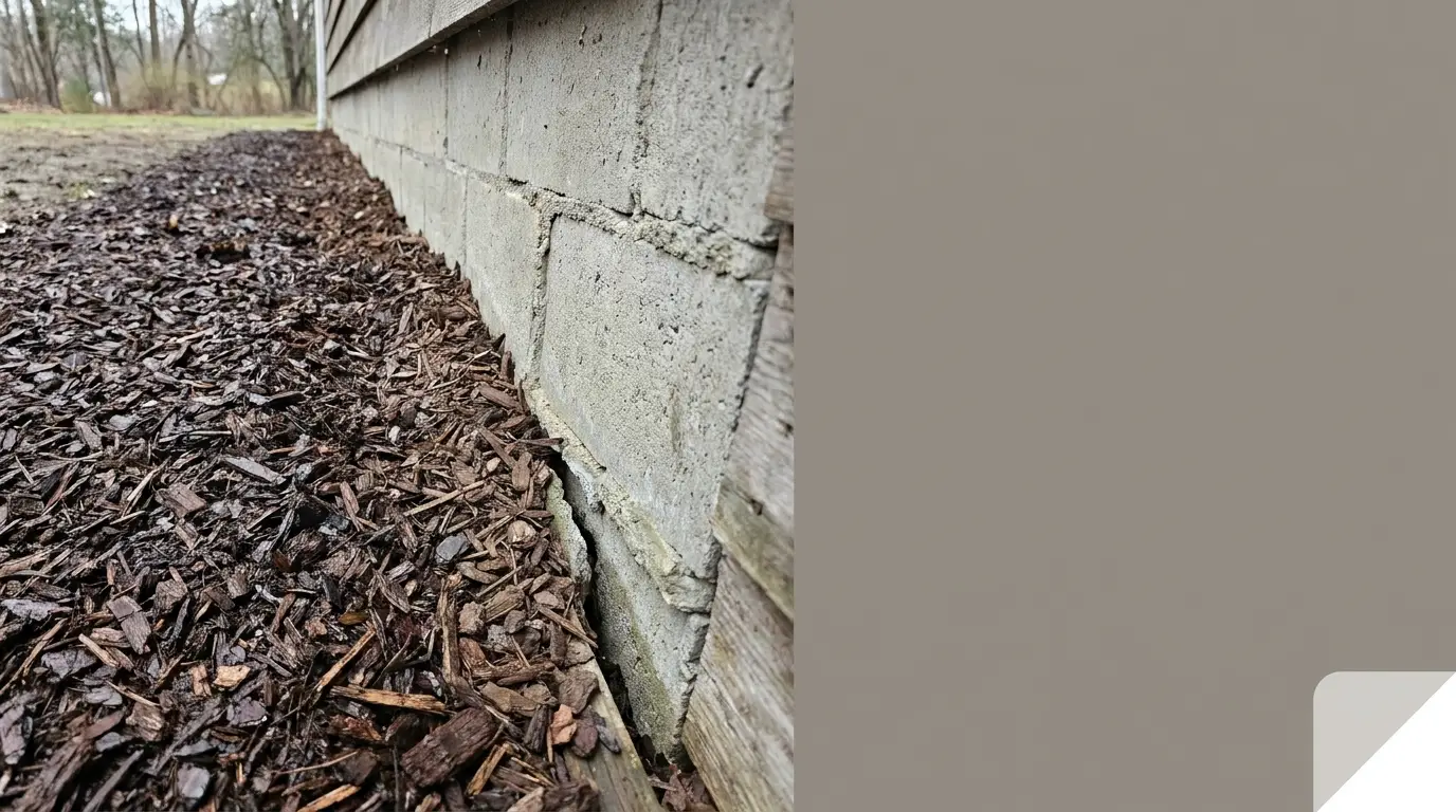 Close-up of cracked concrete foundation with mulch beside outdoor wall in damp setting