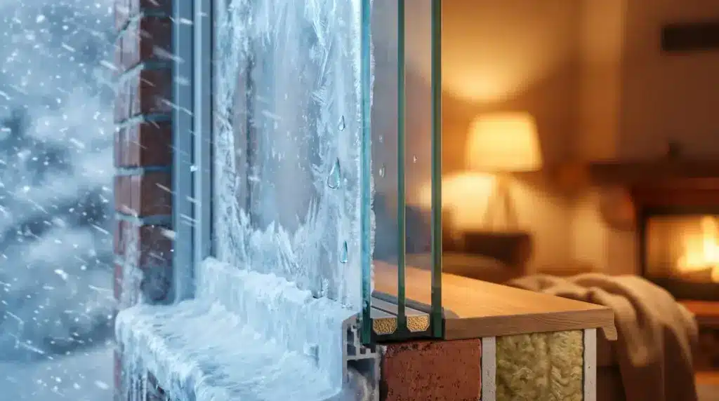 Insulated window with frost outside and cozy living room with fireplace inside