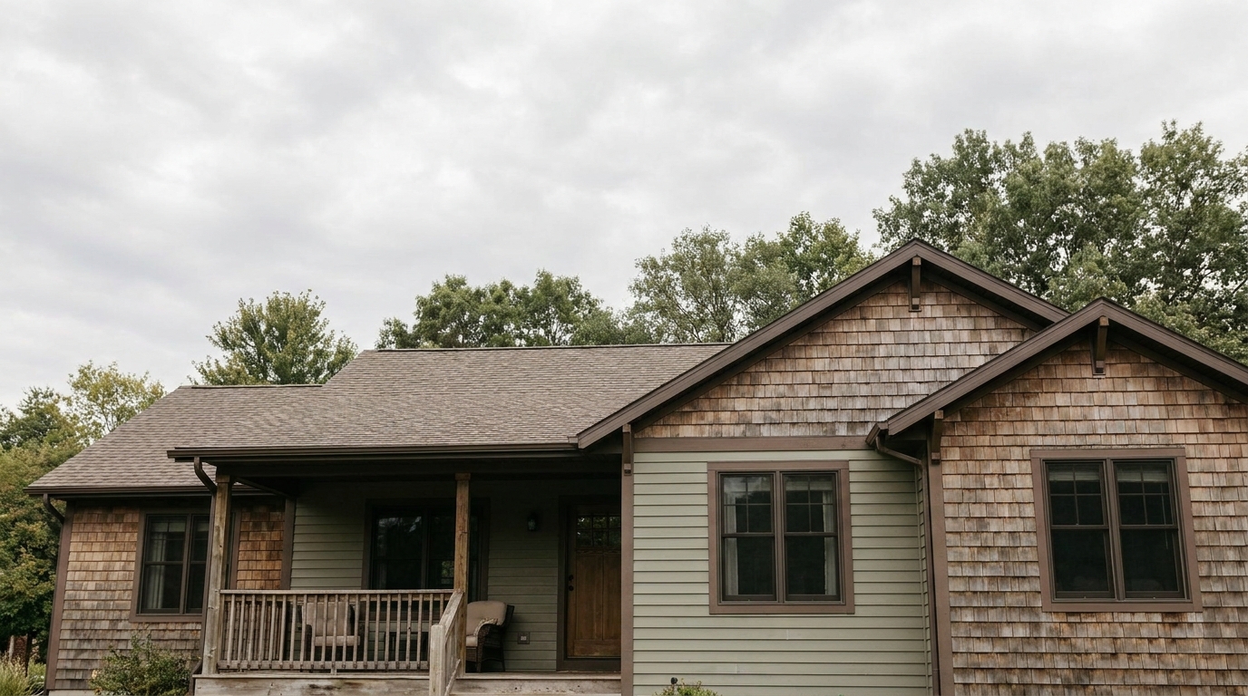 Single-story house with wood siding and porch surrounded by trees under a cloudy sky