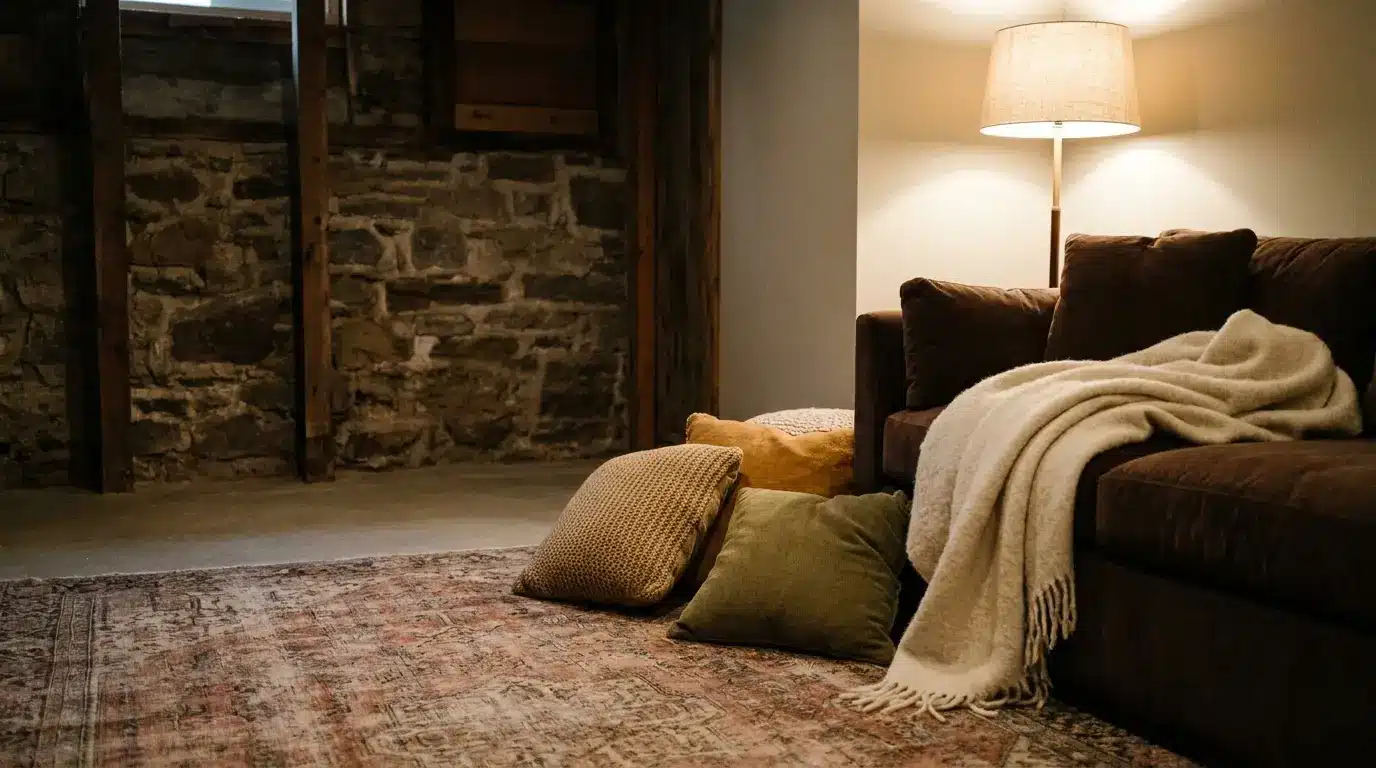 Cozy living room with brown sofa, cushions, and blanket near stone wall and floor lamp