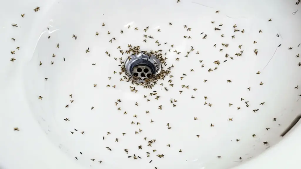drain flies swarming a bathroom sink drain, with dozens of small moth flies scattered across the basin