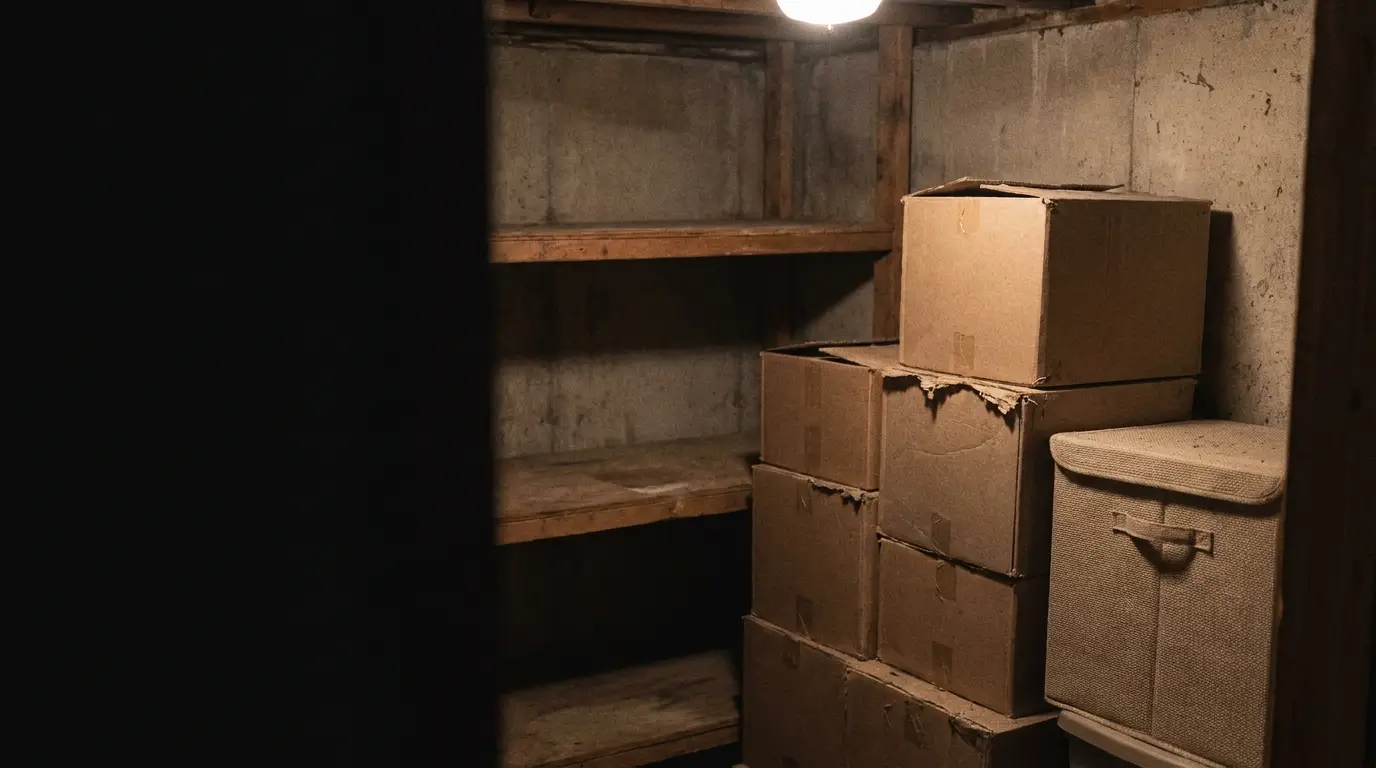 Dimly lit storage room with stacked cardboard boxes on wooden shelves