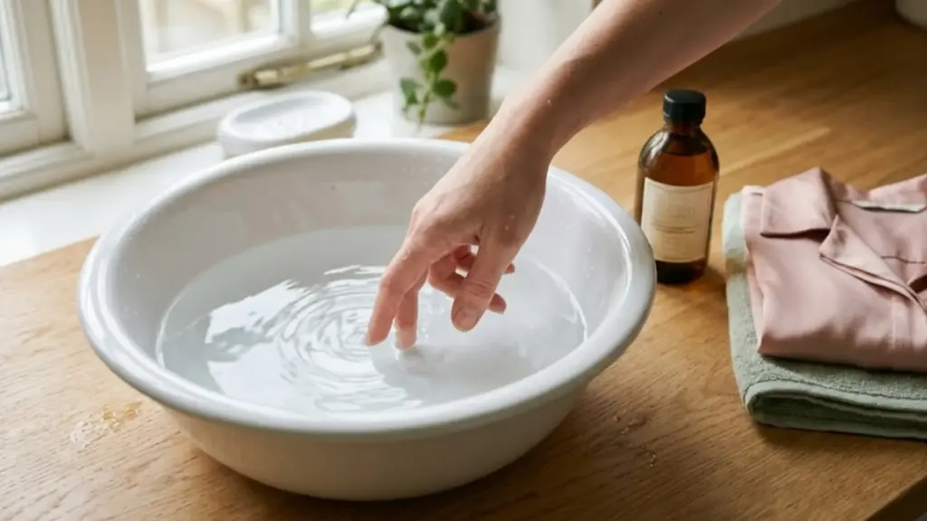 testing water temperature with fingertips before soaking a silk garment in a basin of water