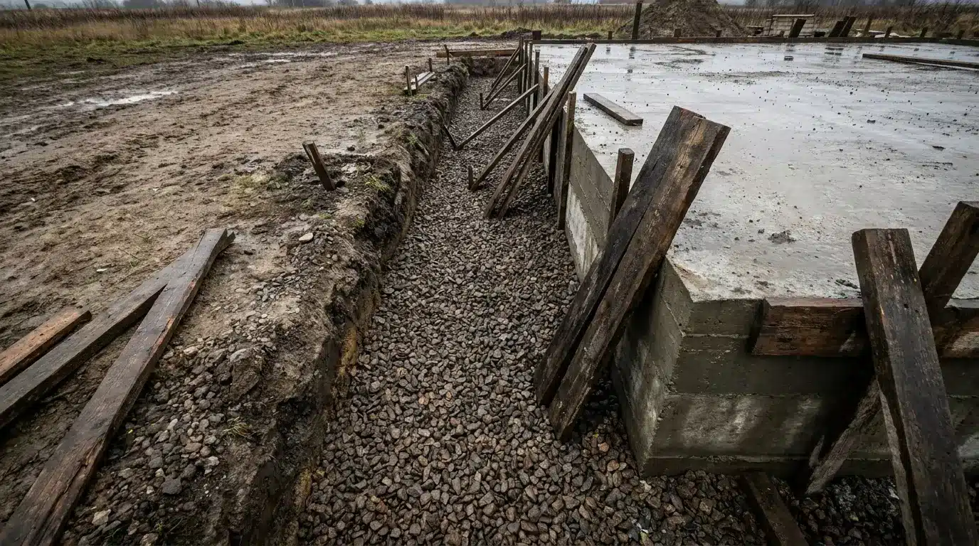 Concrete foundation and wooden beams on muddy construction site with gravel trench