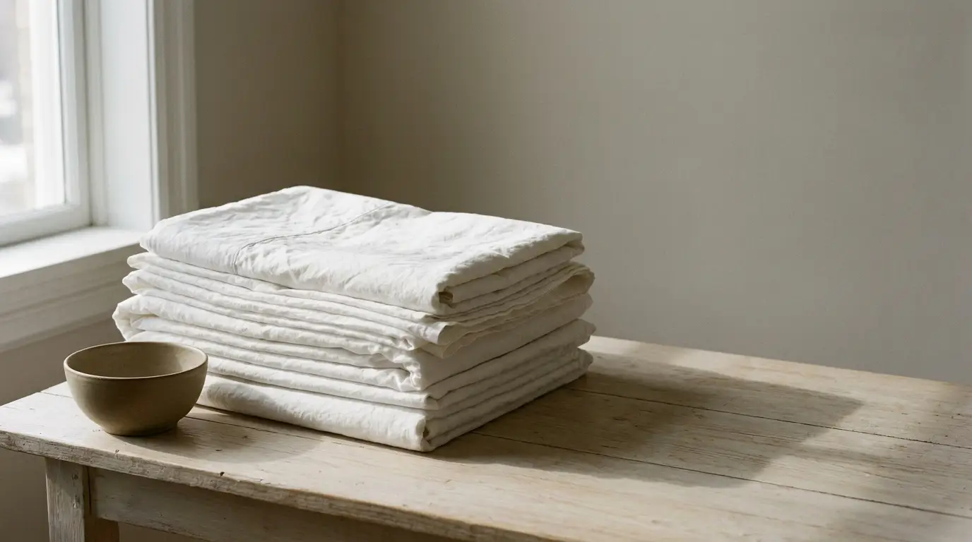 Folded white linens and ceramic bowl on rustic wooden table in softly lit room