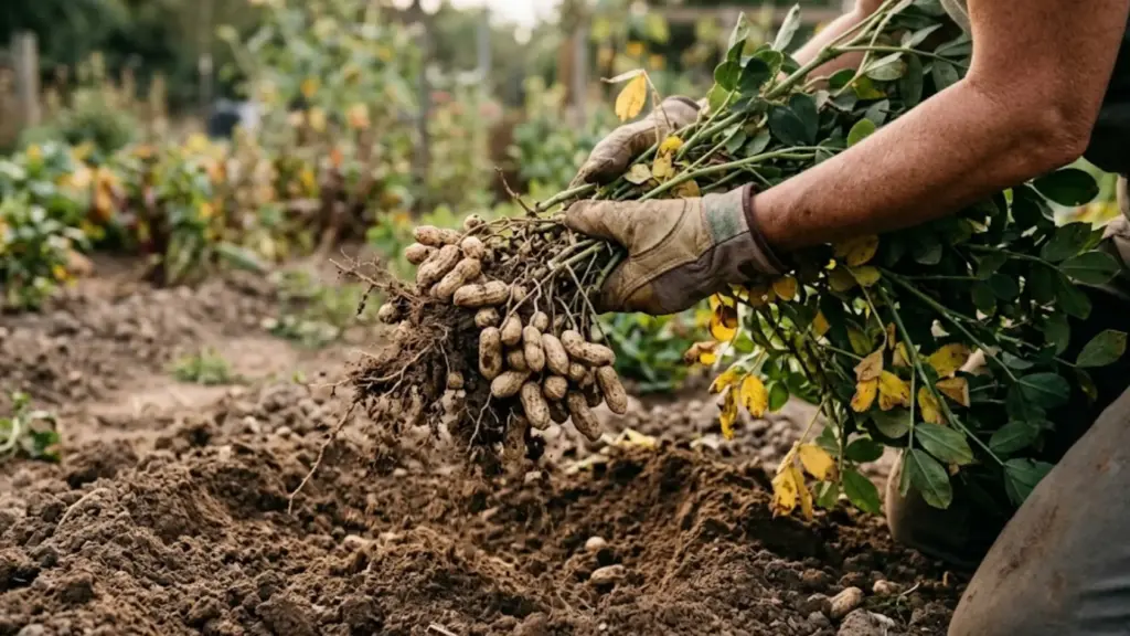 a gloved person pulling a mature peanut plant from the ground revealing rows of pods