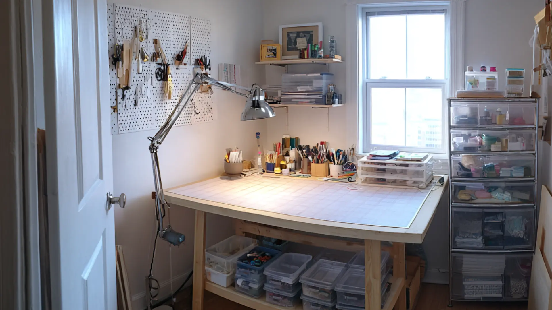 den craft room with a wide wooden worktable swing arm lamp pegboard of tools and clear storage drawers