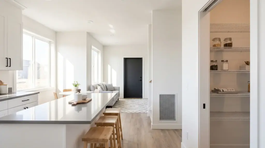 Home Design Features That Can Make Pest Problems Easier to Prevent Bright modern kitchen with island, wooden stools, and open pantry shelves with jars and linens
