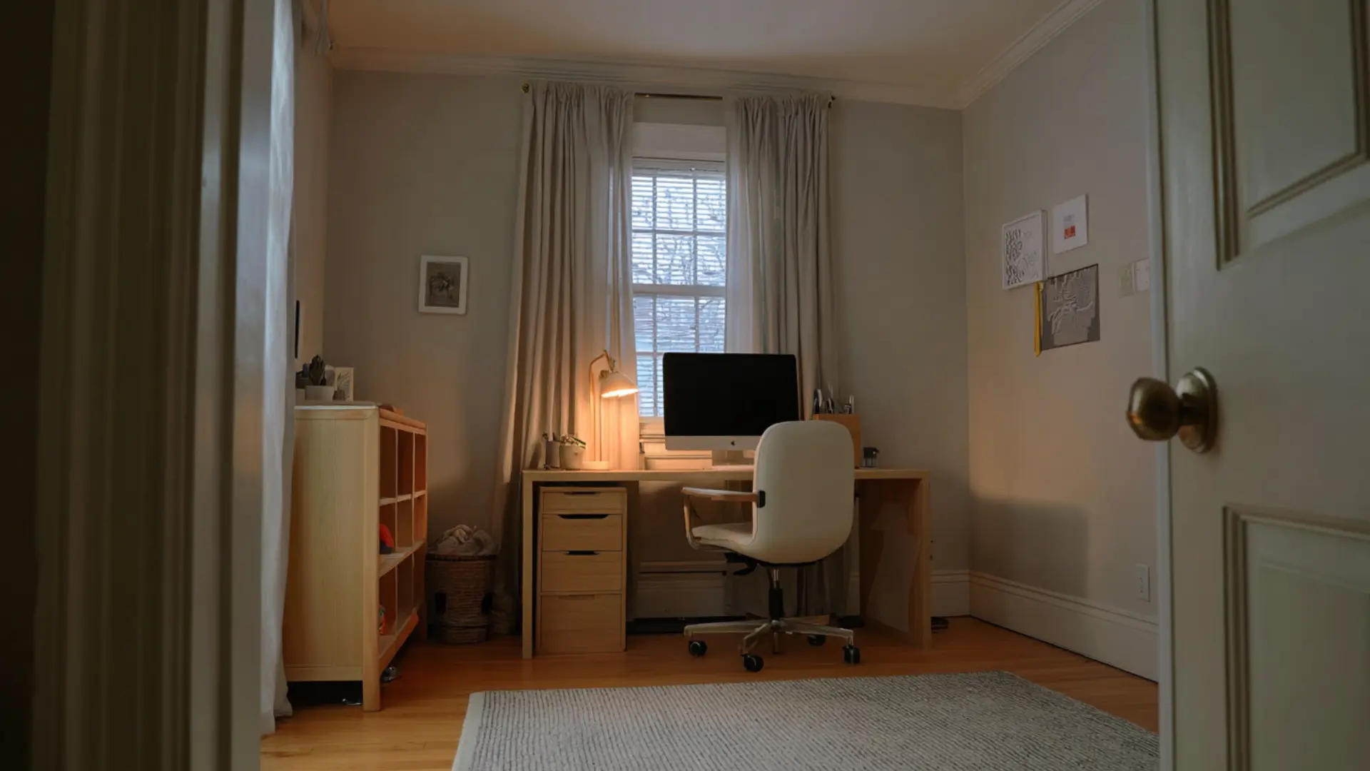 den home office with a light wood desk white swivel chair blank monitor desk lamp and filing drawers