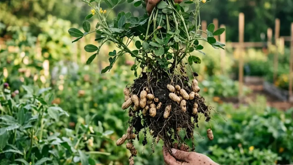 How Do Peanuts Grow From Seed to Pod? a person lifting a peanut plant out of the soil showing clusters of pods on the roots
