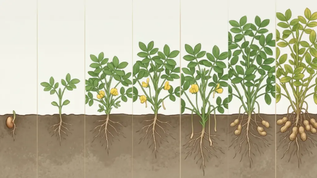 illustration showing peanut plant growth stages from seed underground to mature pods on roots