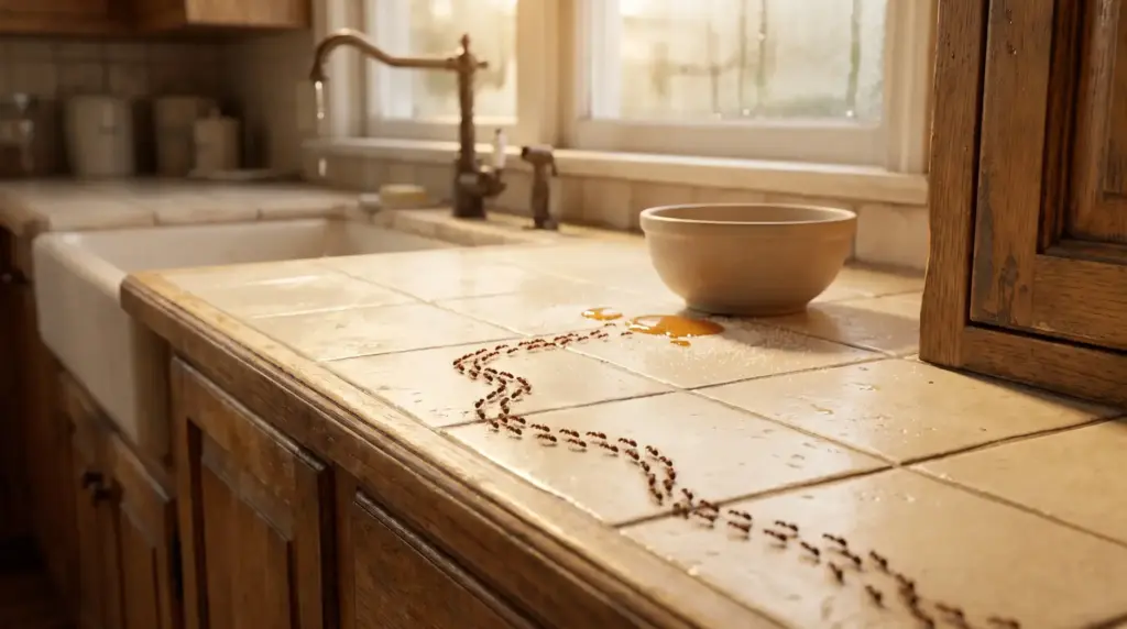 How Louisiana Kitchens Can Become a Magnet for Ant Activity Ant trail across a tiled kitchen countertop with honey spill and ceramic bowl