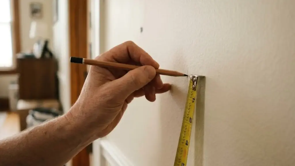 person marking a stud location on a white wall using a pencil and a yellow tape measure for precision now