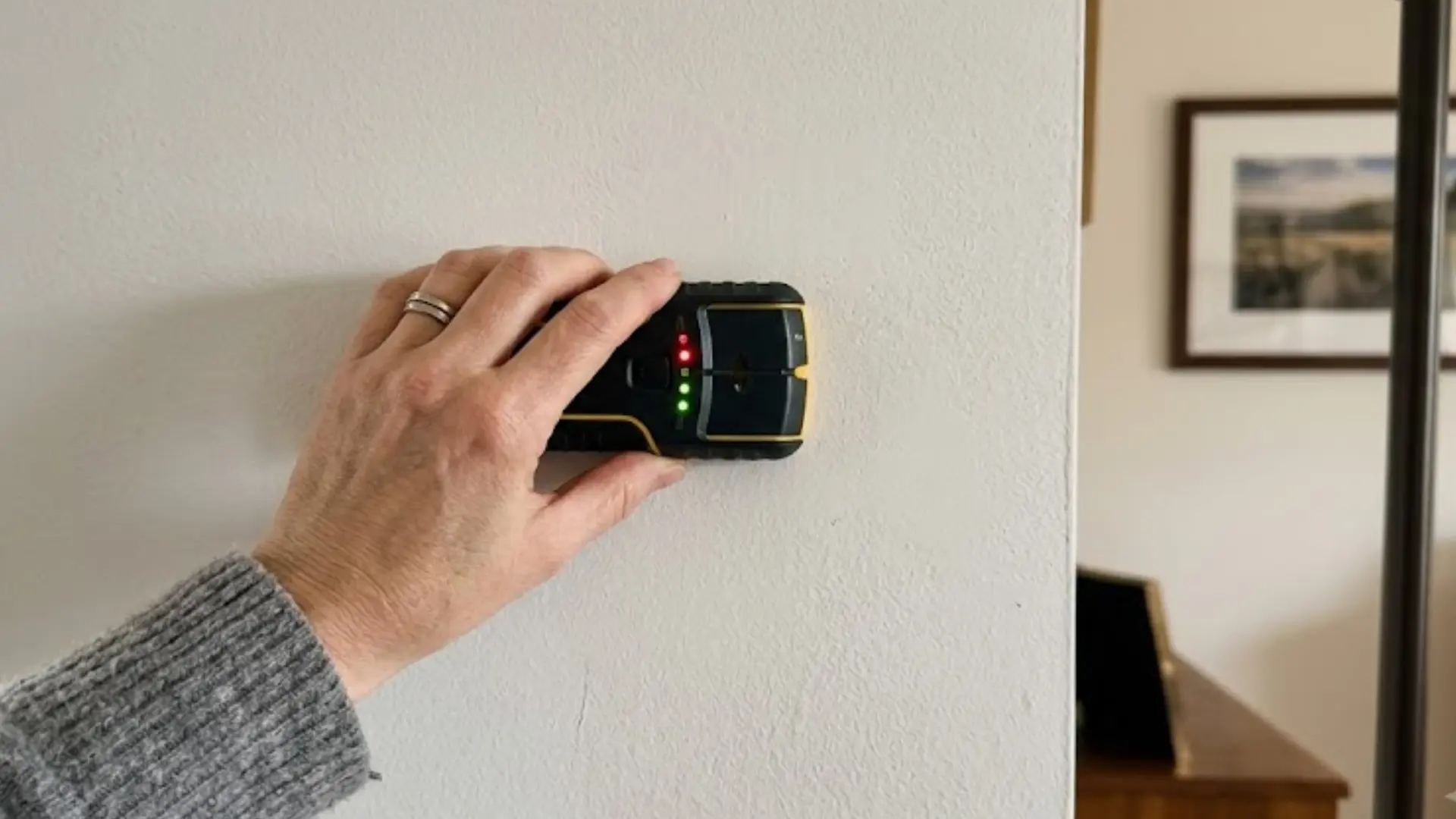person holding an electronic stud finder against a wall with red and green lights indicating detection