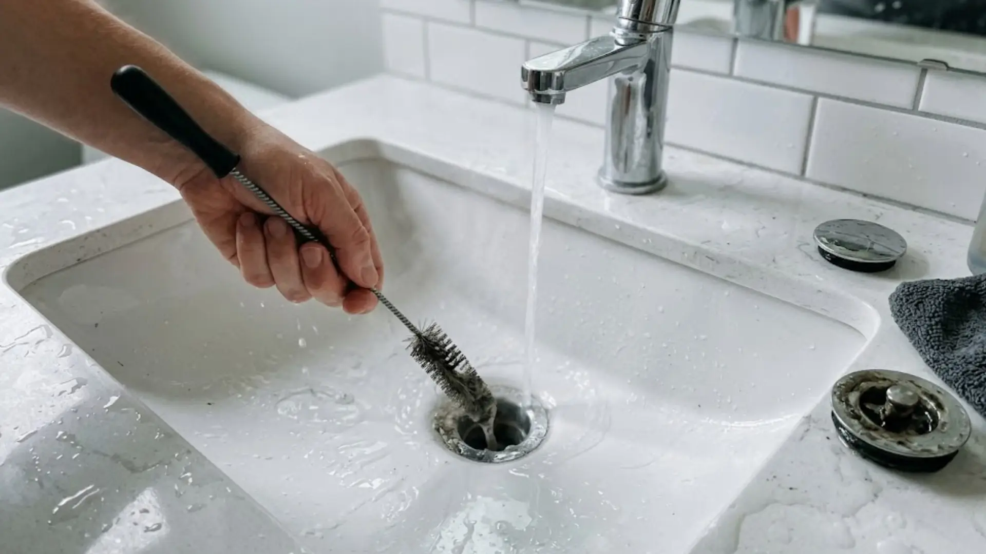 a person using a long wire brush to scrub a bathroom sink drain with water running from the faucet