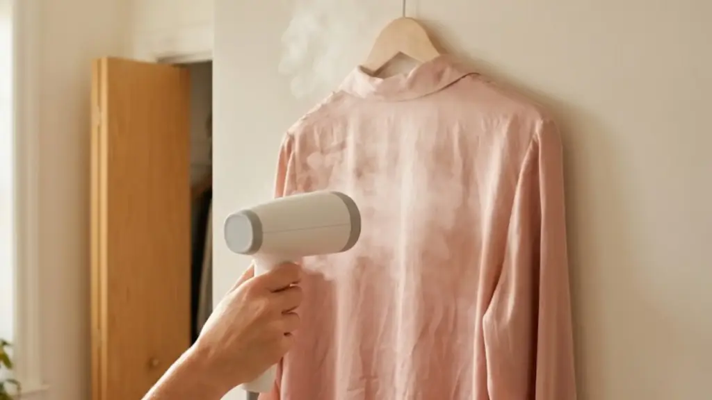 a person using a handheld steamer to gently smooth out wrinkles on a hanging silk blouse