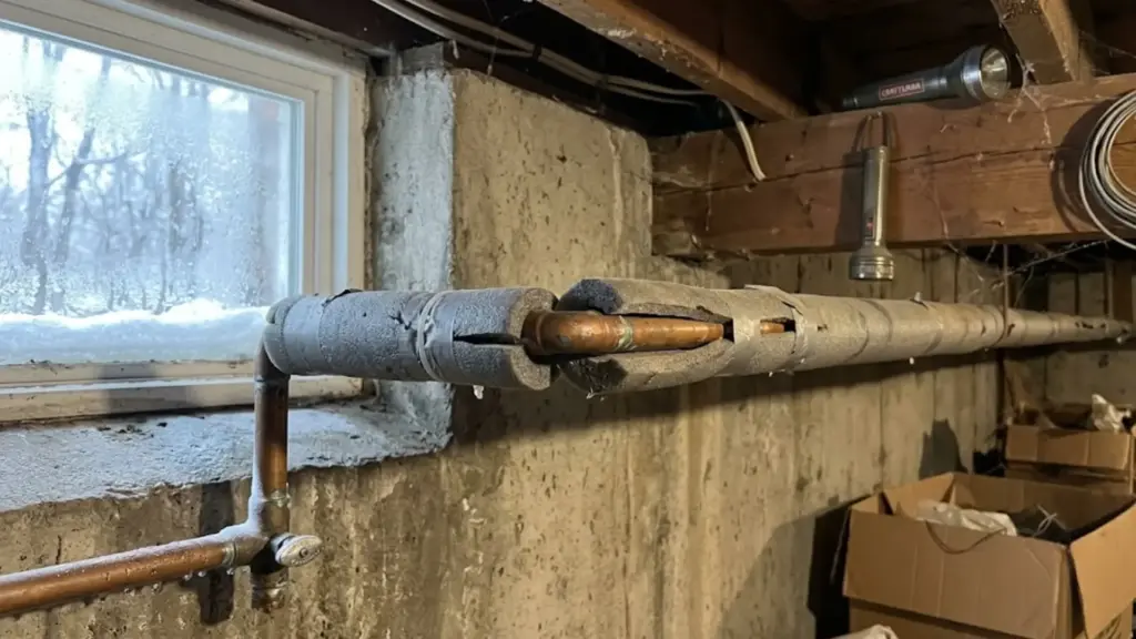 insulated copper pipe running along a frosty basement window with visible foam wrap sections