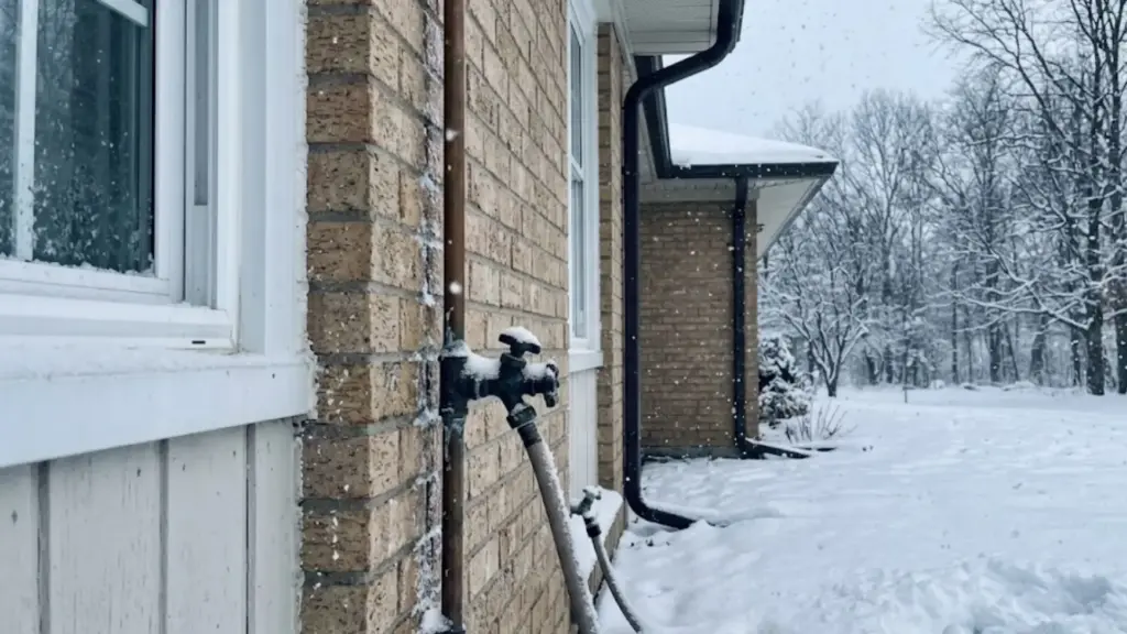 How to Prevent Pipes From Freezing in Winter? closeup of a brass outdoor faucet and hose bib mounted on brick wall with garden hose attached during snowfall