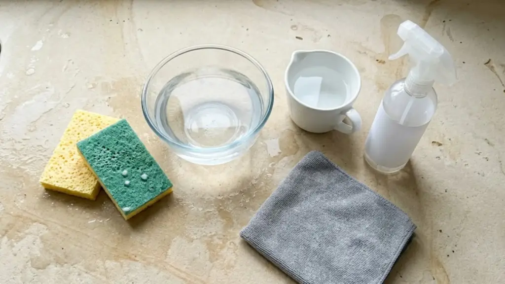 How to Sanitize Sponges: 9 Safe Ways for Any Material two kitchen sponges beside a glass bowl of water a measuring cup spray bottle and folded grey cloth