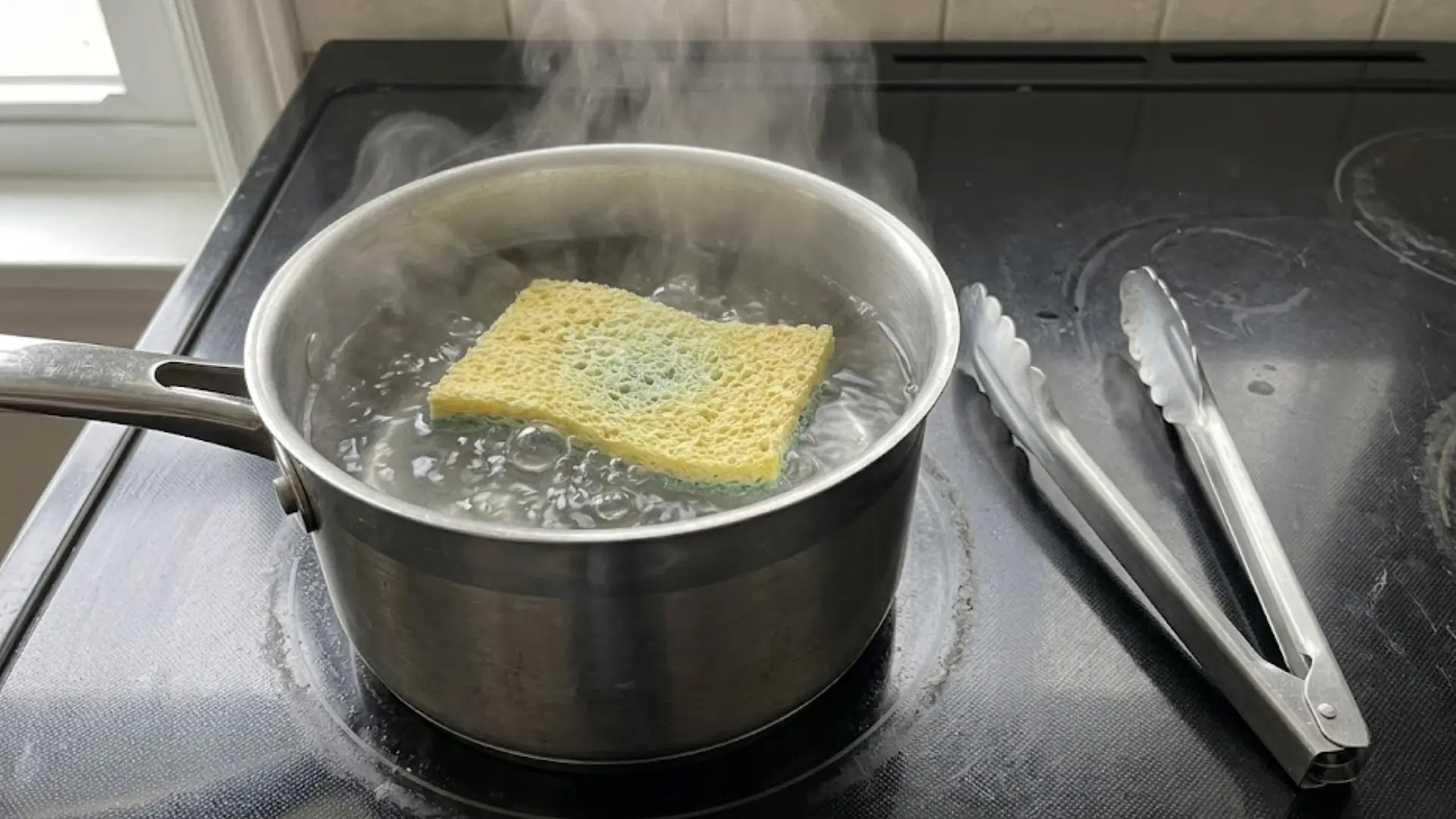 a yellow cellulose sponge boiling in a stainless steel pot of water with metal tongs resting beside it