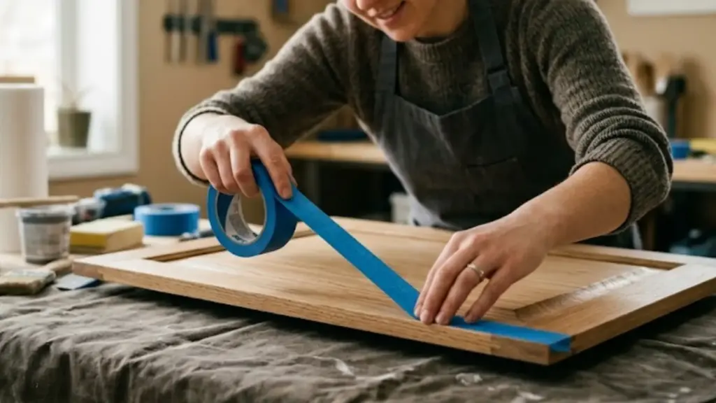 How to Spray Paint: 13 Tips for a Smooth Finish person applying blue painters tape along edge of wooden cabinet door before spray painting on a workbench