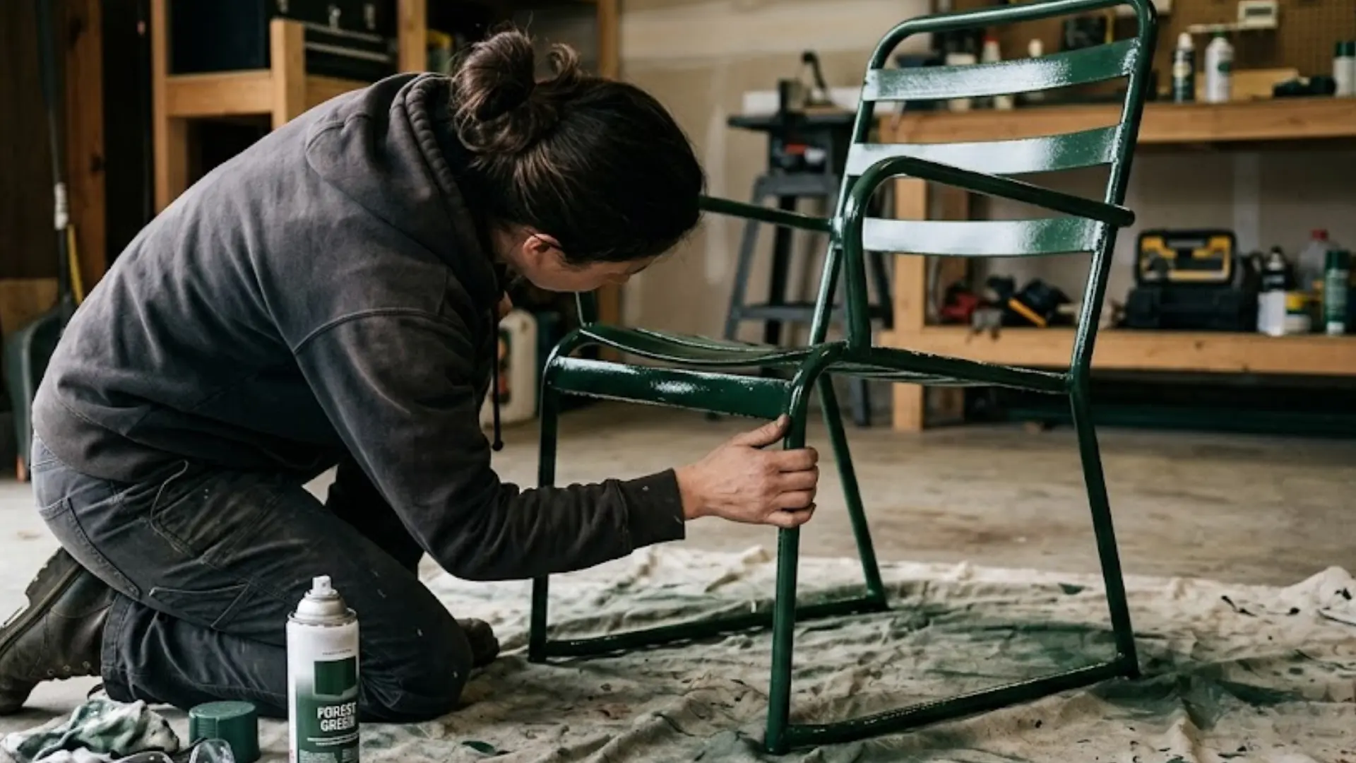 person kneeling on a paint splattered drop cloth spraying green paint onto a metal outdoor chair in a garage