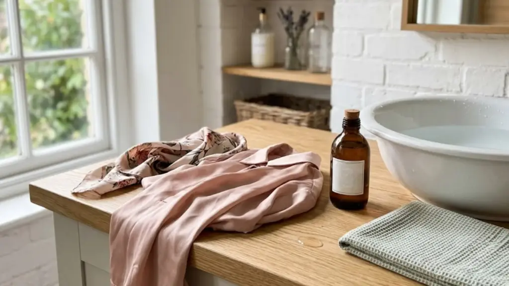 How to Wash Silk Without Damaging Fibers or Sheen? silk garments and a scarf resting on a table beside a basin and detergent bottle
