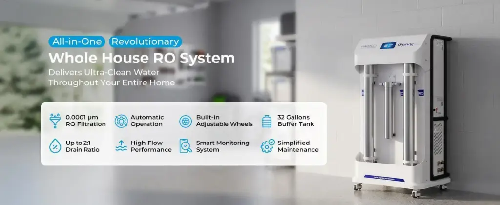 iSpring Unveils the WRO4000: An All-in-One Whole House Reverse Osmosis System Delivering Clean Water at Every Tap Whole house water filtration system in modern indoor setting with wall-mounted screen and wheels