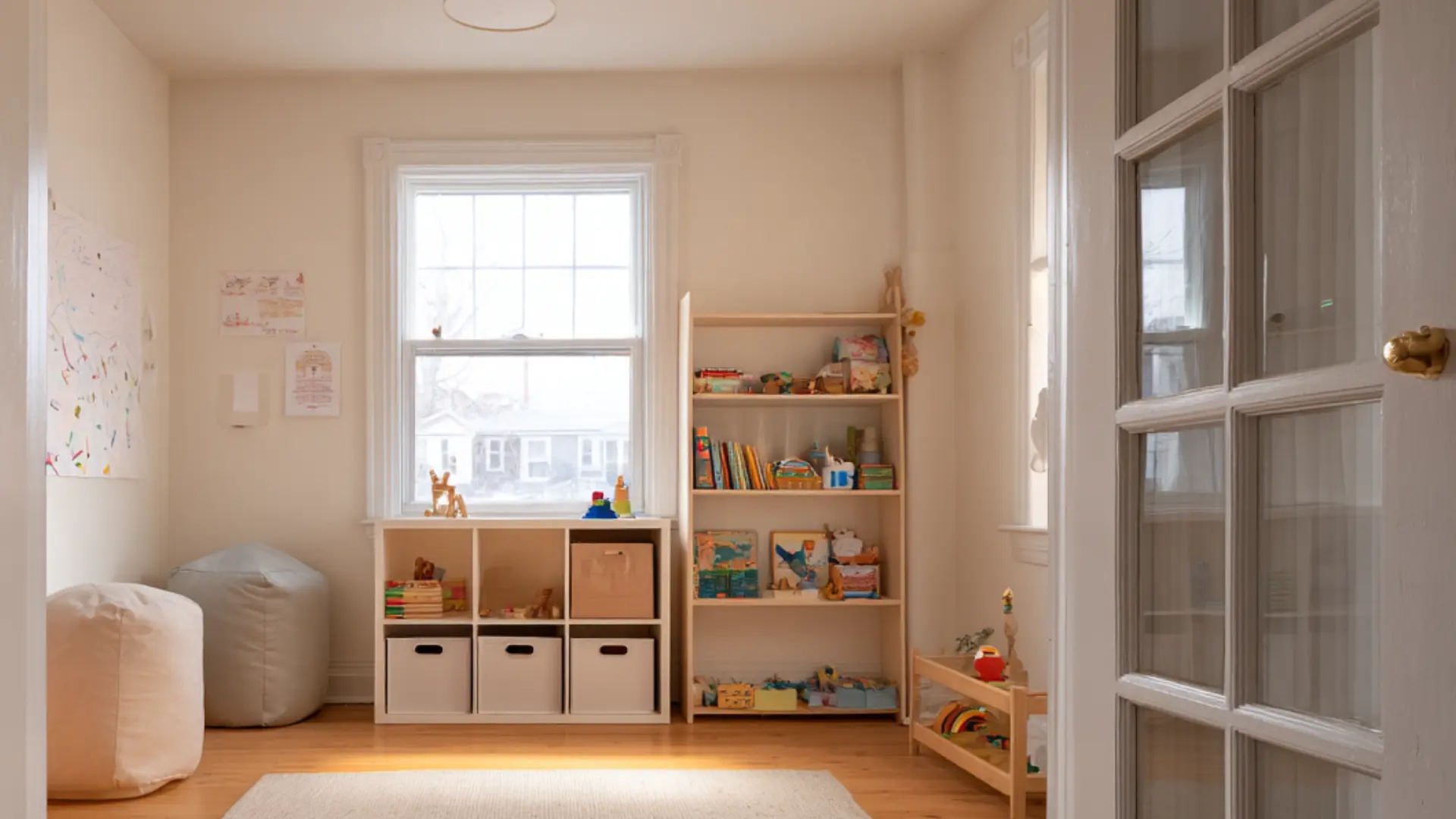 den playroom with low cubby shelving fabric bins a wooden bookshelf of toys bean bag seating and a soft rug