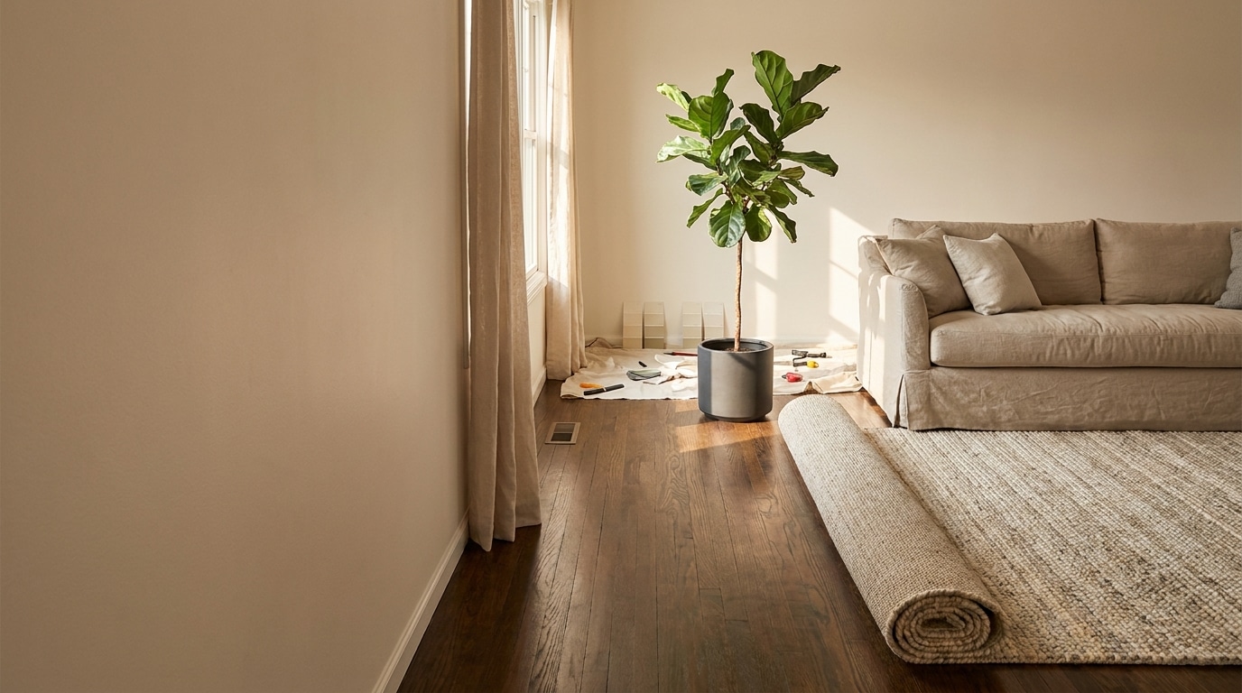 Beige sofa and potted plant on wooden floor with rolled carpet and paint supplies nearby