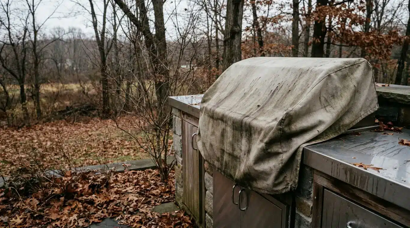 Outdoor kitchen with covered grill in forest setting during fall, surrounded by fallen leaves