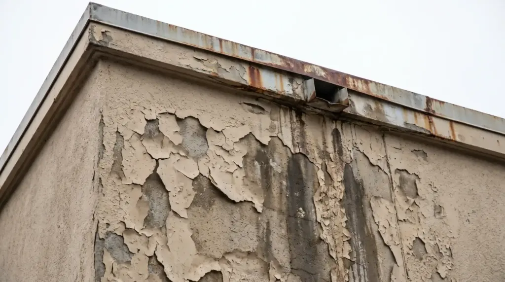 Peeling Paint Near a Commercial Roofline? Here’s Why Peeling beige paint on deteriorating exterior wall with rusted metal edge under overcast sky