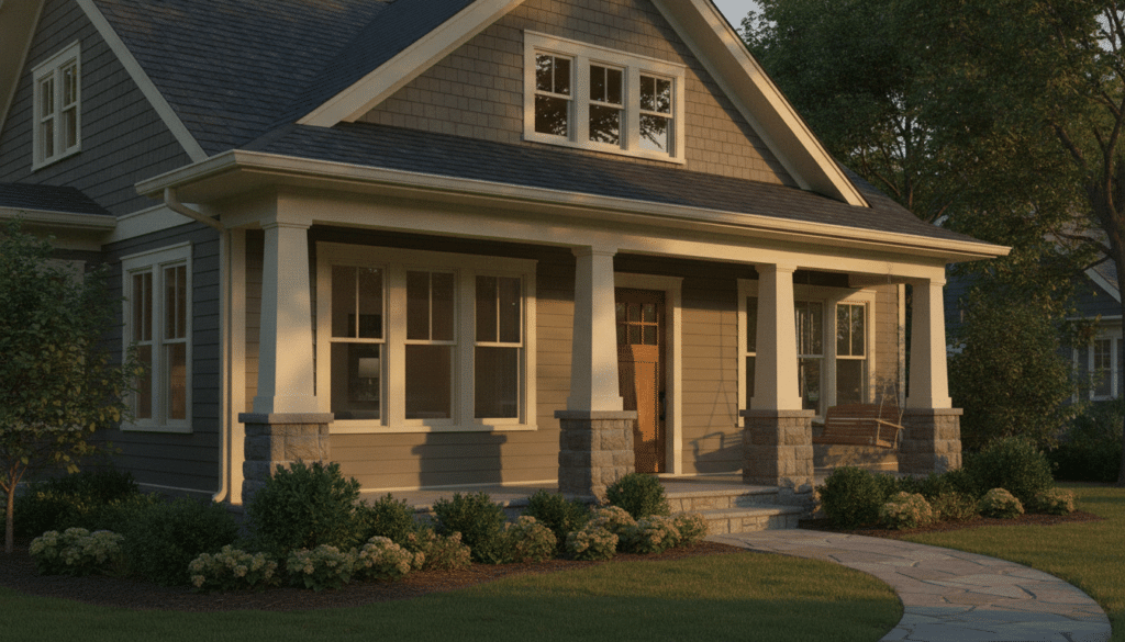Planning Exterior Renovations Around the Architecture of Your Home Cozy bungalow with wood swing on porch, surrounded by green shrubs and trees in soft daylight