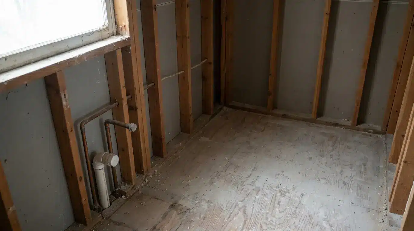 Unfinished room under construction with exposed wooden framing and plumbing pipes near window