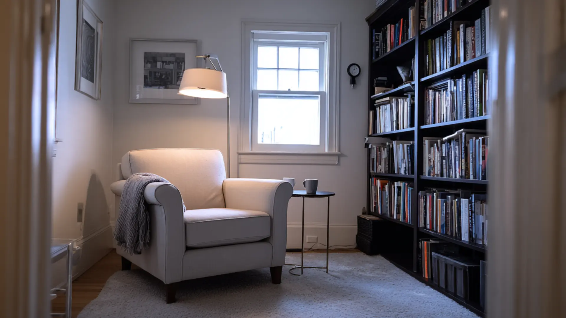 den reading nook with a cream armchair a knit throw a floor lamp side table with mugs and dark bookshelves
