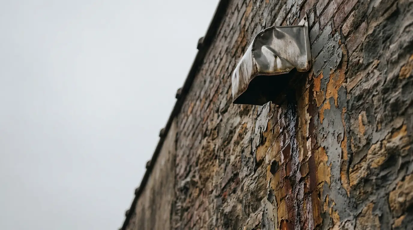 Weathered brick wall with peeling paint and a rusted metal vent under overcast sky
